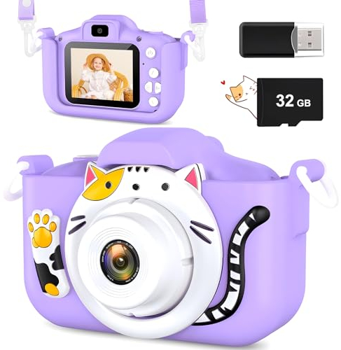 YIKANWEN Kinder Kamera,Kinder HD Digitalkamera mit 2.0 Zoll Bildschirm, tragbare Spielzeug Kamera für Mädchen und Jungen im Alter von 3 4 5 6 7 8 Jahren, inklusive 32GB SD Karte (Lila)