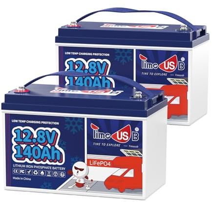 Timeusb (2er-Pack) LiFePO4 12V 140Ah Lithium Batterie mit 100A BMS,Low Temperature Schutz,15000 Tiefzyklus LiFePO4 Akku,Max.1792Wh Energie für Wohnmobil,Boot,Camping,Trolling Motor,Solaranlage