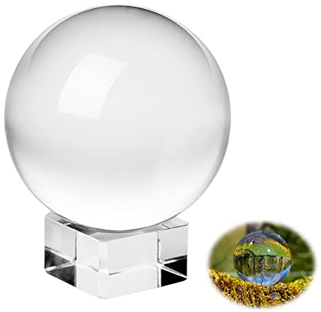 Aicharynic Glaskugel Kristallkugel: K9 Klare Kugel Glaskugel 80mm Fotografie Klare Kristallkugel mit Runder Holzsockel für Fotografie Zubehör Lensball Wahrsagerkugel Geschenk für Hobbyfotografen
