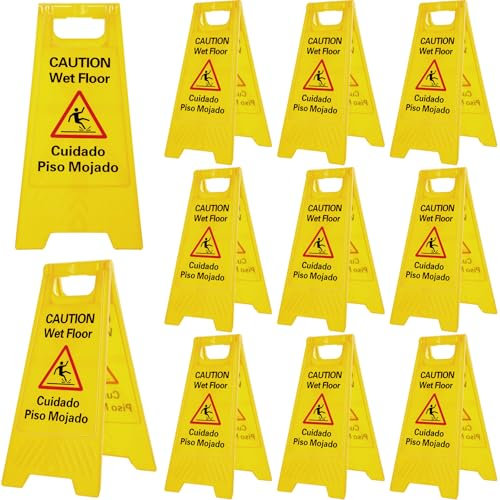 Macarrie Confezione da 12 cartelli di avvertimento per pavimenti bagnati con scritta Caution Wet Floor, double-face, pieghevoli, bilingue, per uso commerciale, interni ed esterni, 29 x 60 cm (stile
