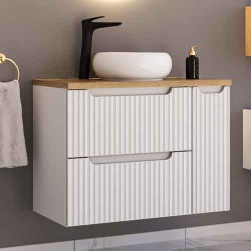 Lomadox Badezimmer Waschtisch 80cm mit Keramikwaschbecken, weiß und Eiche mit gerillter Front