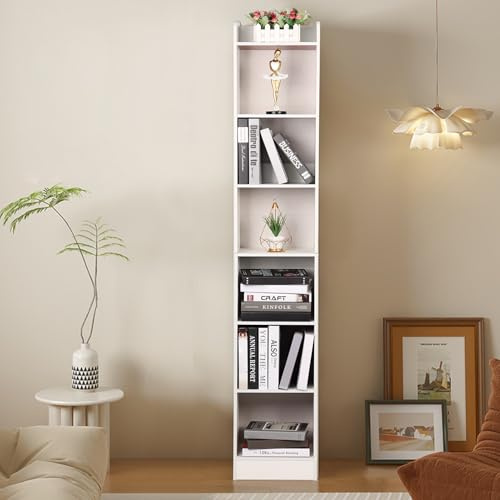 loyliawa 70.9 Inch Tall Narrow Bookcase, 6 Tier Corner Bookshelf with Storage, Modern Slim Corner Bookcase with Storage, Open Shelves Tower Rack, Cube Display Shelves for Home Office White