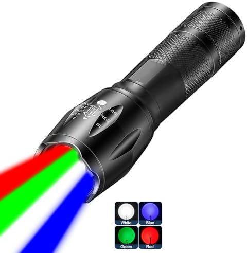 MVIOCS Lampe torche puissante rouge rechargeable, 4 couleurs en 1 LED blanc, rouge, bleu et vert, 4 modes zoomables pour le camping, l'extérieur