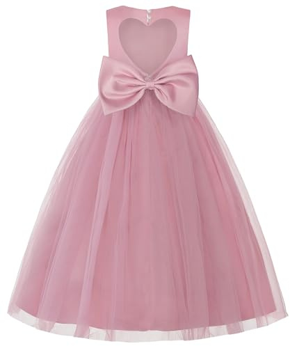 JerrisApparel Vestido Niña Tul Sin Mangas Espalda Corazón Cintura Perlas Boda Comunión Fiesta (140, Rosa Empolvado)