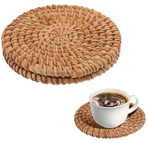 Oruola Lot de 2 dessous de verre tissés en rotin naturel, dessous de verre ronds en osier de 10 cm, dessous de verre bohème résistants à la chaleur pour table basse, cadeaux de pendaison de
