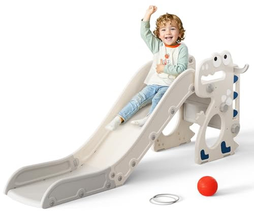 Toboggan 4 en 1 en Forme de Dinosaure pour Enfants avec Panier de Basket-Ball, Jouet de Pneu, Cadre d'escalade (Dinosaure Beige)