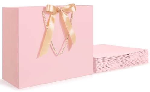 EUSOAR Papiertüten mit Henkel - 10 Stück Rosa Geschenktüten - 32x11.5x28cm L 230GSM Papiertüte Gift Bag - Geschenktüte mit Schleifenband - Geschenktaschen Hochzeit - Papier Tüten Bankett