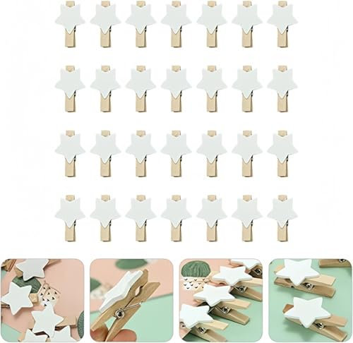 Flycppo Lot de 100 Mini Pinces à Linge en Bois en Forme D'étoiles,Epingle Photos,Mini Pinces Déco pour Mariage,Travaux Manuels,Décoration de la Maison(Blanc)