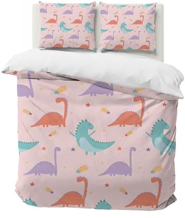 PNHCL Dinosaurier Kinderbettwäsche 100 x 135, Tierthema Bettwäsche-Sets, Karikatur Mikrofaser Bettbezug 100 X 135 mit Reißverschluss + Kissenbezug 40x60 für Kinder Raumdekoration, Rosa