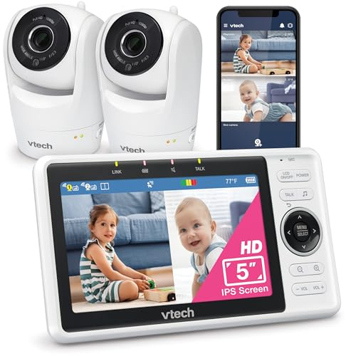 VTech 2-Cameras Smart WiFi Baby Monitor with 1080p FHD Camera and 5 HD IPS Screen, Free App with Motion Video, Sound/Motion Detection and Notifications, Split-Screen, Pan-Tilt-Zoom: VM901-2HD