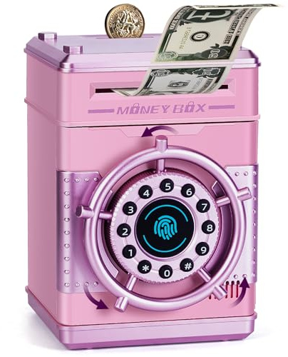 Thedttoy Money Box,ATM Piggy Bank with Simulated Fingerprint,Digital PIN Money Saving Box with Auto-Spin Unlock Money Safe for Kids,Girls Birthday Presents for Age 3,4,5-Pink