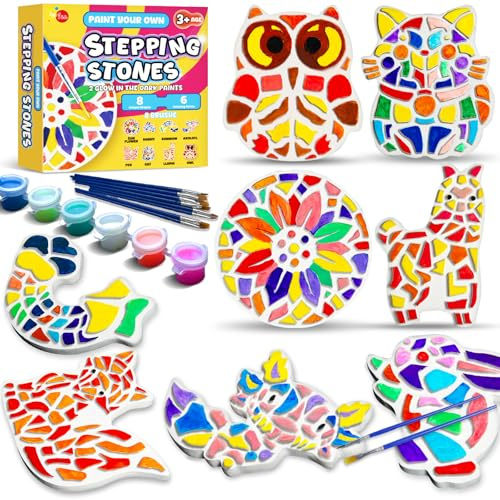 EggSun 8Pcs Stepping Stones Painting Craft Kit for Kids 4 8 6, DIY Garden Stones Outdoor Paint Your Own Ceramic Rainbow Arts and Crafts for Boys Girls Ages 4 7 9 10 12 Birthday Gifts