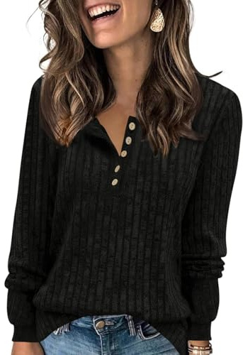 Fisoew T-Shirt à Manches Longues pour Femme - Col Rond avec Boutons - Pull léger en Tricot à Manches Longues - Pull côtelé Basique - Hauts d'automne, Noir, S