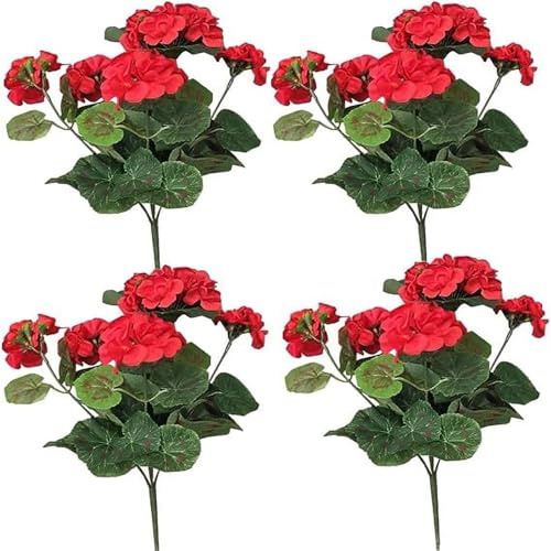 Juego de 4 piezas de flores artificiales de begonia y geranio para decoración del hogar y oficina (tamaño único)