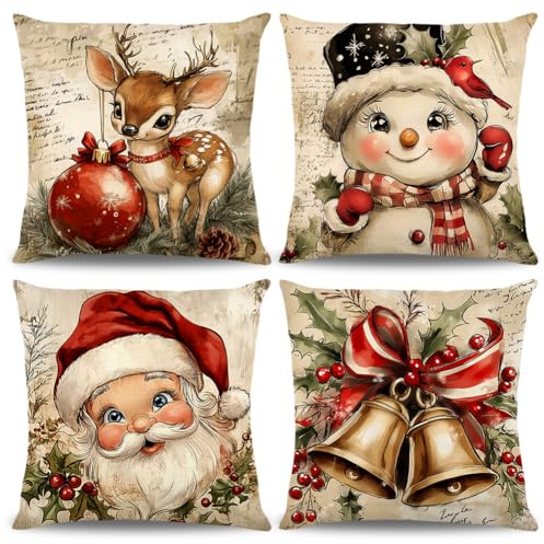 ZJILIXIA 4 Stück Weihnachten Kissenbezüg,Weihnachtskissenbezug Leinen 40x40 Cm/45 X 45 cm,Weihnachtsdeko Kissenbezug,Winter Weihnachten Kissenbezüge Dekor,Für Sofa Wohnzimmer Schlafzimmer (C-45x45cm)