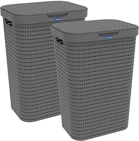 Rotho Country Wäschesammler mit Deckel in Rattan-Optik, Kunststoff (PP) BPA-frei, anthrazit, (2, Anthrazit)