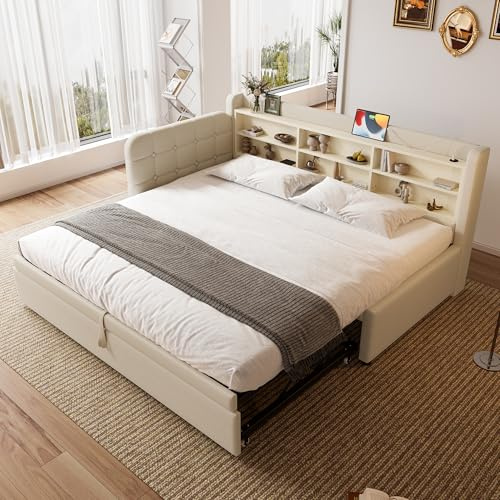 Cama de día 90 x 200 cm, cama nido multifuncional, diseño de cama nido con USB + tipo C, múltiples estantes, cama con somier (sin colchón), lino (beige con cama abatible)