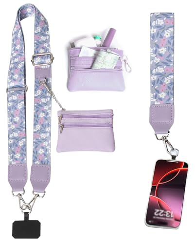 KASESSS Handykette mit Tasche, Handy Kette mit Portemonnaie, Handyband zum Umhängen, Handy Umhängeband mit Geldbörse, Handy Band mit Portmonee, Verstellbar Phone Strap mit Handykette Halterung, Lila
