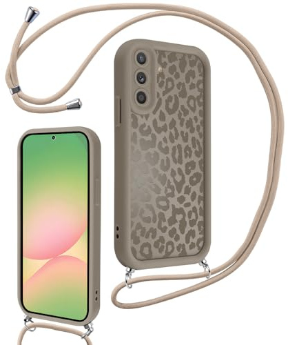 Xylota Handyband für Samsung Galaxy A56 5G Hülle mit Band, Silikon Aesthetic Leopard Muster Design Handyhülle mit Kette Kordel Schlüsselband, Schutzhülle für Samsung A56 5G 6,7'' zum Umhängen, Braun
