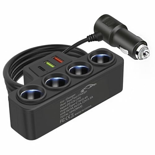 120W Car Charger Adapter, 7-in-1 Car Cigarette Lighter with 4 Sockets & 3 USB Ports (QC3.0/PD3.1/USB3.1) for 12V/24V Vehicles, Fast Charging for Laptop,Phone,iPad,Dash Cam - LED Display (Black 1 PCS)