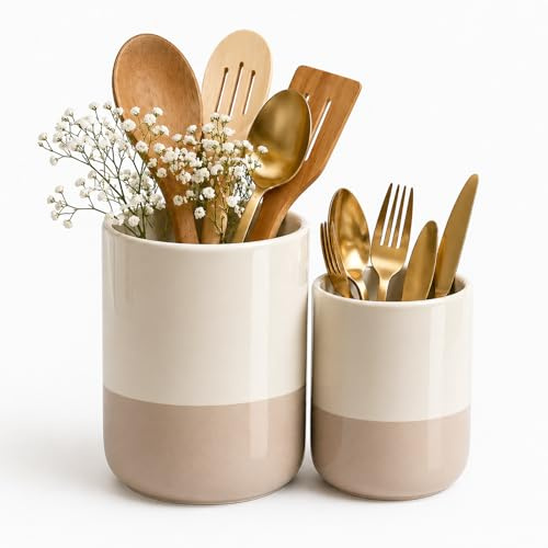 BeGrit Pot a Ustensile Cuisine en Ceramique 2 Pièces Porte-ustensiles | Ustensiles Cuisine de cuisine Organisateur D'ustensiles Rangement pour organiser pot ustensile Tables de Bar