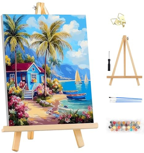MEIYUDA Malen Nach Zahlen Erwachsene mit Rahmen Landschaft Strand, Paint by Numbers Malen Nach Zahlen, DIY Set mit Pinseln und Acrylfarben Handgemalt Ölgemälde Leinwand für Home Décor 25x35cm