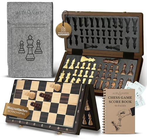 ALTIVATIV Schachbrett Magnetisch - Schachspiel Hochwertig [38x38cm] Chess Board Akazienholz Handarbeit - 2X Extra Damen mit 50x Schach Partieformulare - Inkl. Eröffnungskarten und Filztasche