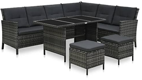QJBSAVVA 4-TLG. Poly-Rattan Gartenlounge Grau 220x172 cm mit Esstisch aus Sicherheitsglas und Ottomanses für Garten Balkon Terrasse Modernes Lounge-Set Outdoor-Möbel Robust und platzsparend