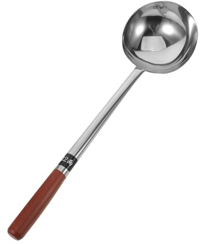 SMASOLO Stainless Steel Cooking Ladle Large Soup Spoon Long Handle, Thickened Bright Finish Wooden Handle Wok Spoon for Home and Commercial Serving