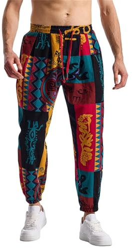 Herr bomull linnebyxor tryckta byxor män säckiga hippiebyxor yoga fritidsbyxor manschett harembyxa hippy lounge byxor dragsko retro stil byxa ledig andningsbar träningsbyxor, Lila, XXL