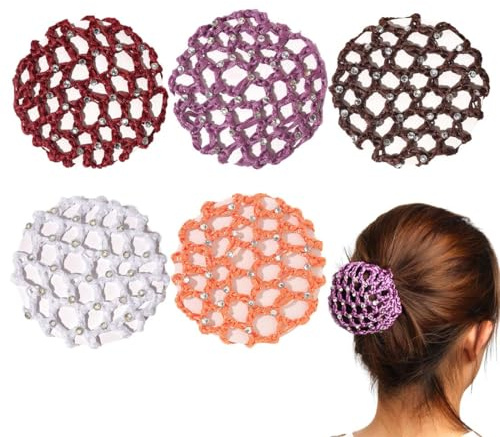 UIEXAY 5 Piezas Redecilla Moño con Estrás, Reutilizable y Elástica, Red para Recoger el Pelo de 10 cm, Ajustable para Mujeres, Profesionales, Bailarinas, Estudiantes y Bodas (Multicolor)