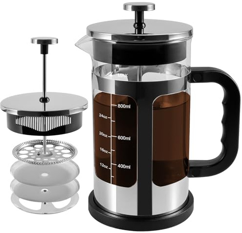 French Press Coffee Tea Maker, Upgrade Heat Cold Resistant Thickened Glass with 4 Level Stainless Steel Filtration System Brew Coffee & Tea, BPA Free, Large 1000ml 34oz (Silver)