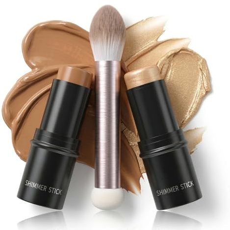 Kit Maquillage 3 Pièces – Stick Contouring Visage avec Bronzer, Enlumineur et Pinceau Double Extrémité, Contouring Maquillage Crème pour Joues et Pommettes