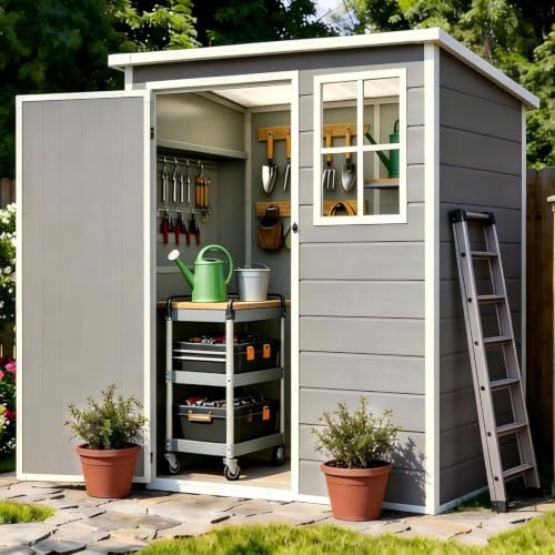 AIRAJ Kunststoff Gerätehaus mit Boden, 138x110.5x182 cm | wetterfestes Gartenhaus mit Fenster & abschließbarer Tür – ideal für Garten, Terrasse, Hinterhof & Werkzeuge