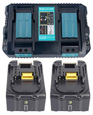 2X 18V 5.0Ah BL1850 Akku mit Ladegerät DC18RD 2-Fach Dual Schnellladegerät für Makita BL1830 BL1840 BL1850B, Radio DMR100 DMR101 DMR102 DMR103B DMR104 DMR105 DMR106 DMR107 DMR108 DMR109 DMR110