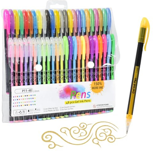 Marte Vanci Gelschreiber Gelstifte Set Gel Stifte Glitzer Metallisch Pastell Neon Färbestift Gelstifte für Kinder Erwachsene Malbücher Schreiben Zeichnen Scrapbooking Kartenherstellung 48 Stück