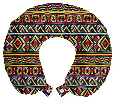 Ambesonne African Travel Pillow Neck Rest, Colorful Diamond Motifs with Angled Lines Lively Palette Geometric Borders, Memory Foam Traveling Accessory for Airplane and Car, 12, Multicolor