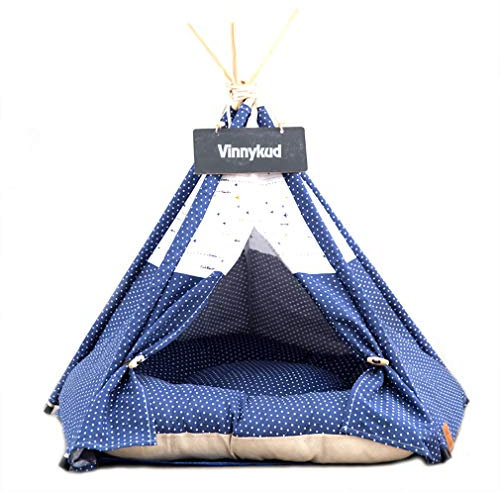 Sunnykud Tipi Zelt für Haustiere Hundezelt Katzenzelt Haustierzelte Häuser mit Kissen Abnehmbar und Waschbar Haustierbett Wegklappen Haustier Hundebett Katzenbett (L:60x60x70cm, Navy Blue dot)