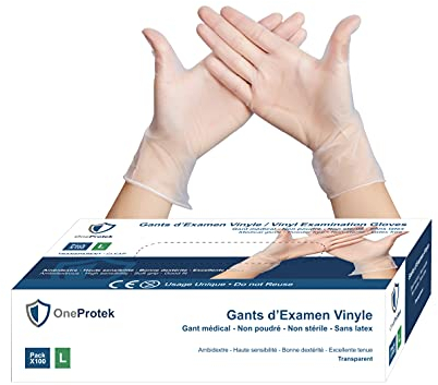 OneProtek Gants jetables en Vinyle - Boîte de 100 gants jetables Taille L - non poudrés, sans latex - Multi-usages et résistants