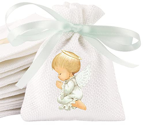 24 Stück Jutesäckchen mit Kordelzug Jutebeutel Weiß Leinensäckchen mit Schutzengel Motiv Geschenksäckchen 8x10cm Geschenkverpackung für Taufe Babyparty Hochzeit Kommunion Konfirmation usw.
