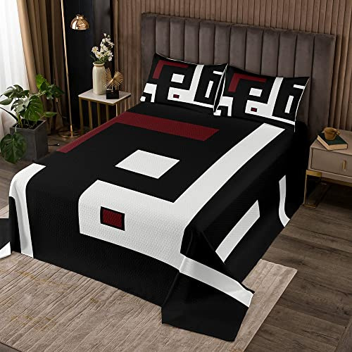 Geometrisches Quadratisches Tagesdecken Schwarz Weiß Rot Steppdecken Set 240 x260 für Kinder Jungen Mädchen Tagesdecke mit Geometrischem Gitter Schlafzimmerdekoration Moderne Grafische Tagesdecke