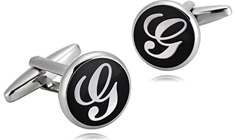 Whoiy Manschettenknöpfe Herren mit Initialen G, Manschettenknöpfen Herren Edelstahl Schwarz Weiss für Männer Kostenlose Gravur mit Schmuck Box