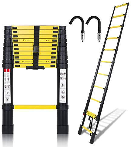 Randaco 3.2M Scala Telescopica con Gancio Rimovibile, Multiuso Allungabile Scaletta Alluminio, Scala Telescopica Antiscivolo, Leggero e Flessibile, Carico Massimo 150 kg, Nero e Giallo