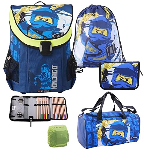 Familando - Easy Schulranzen Set 5-teilig - Lego Ninjago Blauer Ninja Jay - Ergonomisch, stabil & mit gepolstertem Rücken - 790g leicht mit 21L Volumen - mit Reflektoren - Ab 1. Klasse