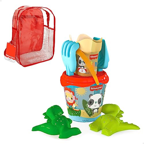 ColorBaby 77391 - Fisher-Price Set de Playa Infantil, Conjunto de Cubo de Playa con Pala, rastrillo, regadera y Accesorios, Mochila de Playa para niñas, Set Playa Infantil, Mochila con Juguetes