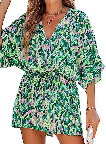 CUPSHE Damen Jumpsuit Wickeln Fledermausärmel Weites Bein Kurz Strampler | Lockere Passform, Elastische Taille, Leichtes Material, Zarter Print, Ideal für Urlaub, Strand und Freizeitlooks