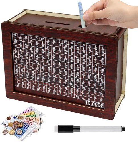 Spardose aus Holz, Sparbox mit Ziel, Sparschwein, Sparbox, Retro Sparbüchse Aufbewahrungsbox, Spardose mit Sparziel und Zahlen zum Ankreuzen, für Erwachsene und Kinder mit Sparziel(10000€)