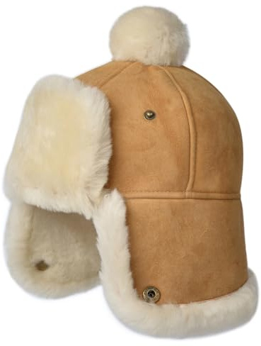 Harssidanzar Herren Damen Wintermütze Hut Schaffel Shearling Leder Warme Fliegermütze Aviatormütze Trapper Hut CU607EU, Kamel, Größe M