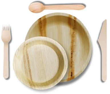DISPOSABLE GREEN 125pcs Disposable Palm Leaf Plates and Cutlery Set, 25 Large Round Plates, 25 x Spoons+Forks+Knives, Eco Friendly Biodegradable (125 pcs (25pcs Each))