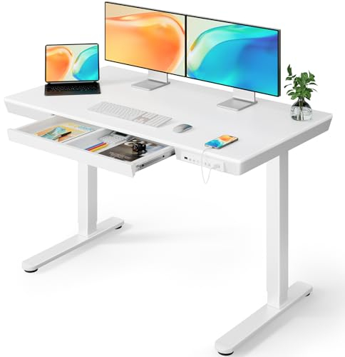 ErGear Schreibtisch Höhenverstellbar, 120 x 60 cm Elektrischer Höhenverstellbarer Schreibtisch mit Schublade, Sitz- und Stehschreibtisch für Home Office (Weißer Oberteil+ Weißer Rahmen)